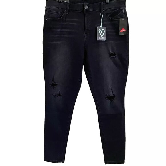 Lularoe Black Skinny Fit Jeans 38 / 18W Distressed Slimming Panels Stretch Denim - Picture 1 of 13